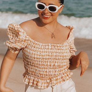 Ruched yellow floral crop top with ballon sleeves